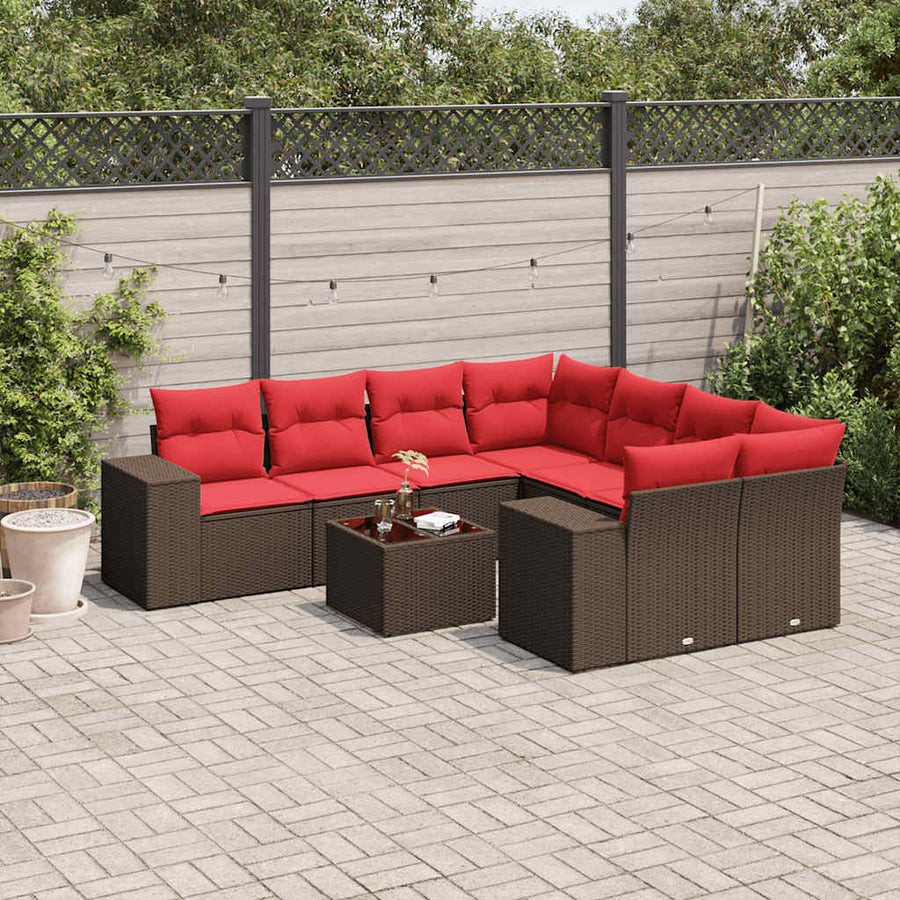 9-delige tuinbankset met kussens, bruin polyrotan