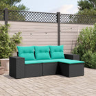 4-piece garden sofa set with cushions, black poly rattan