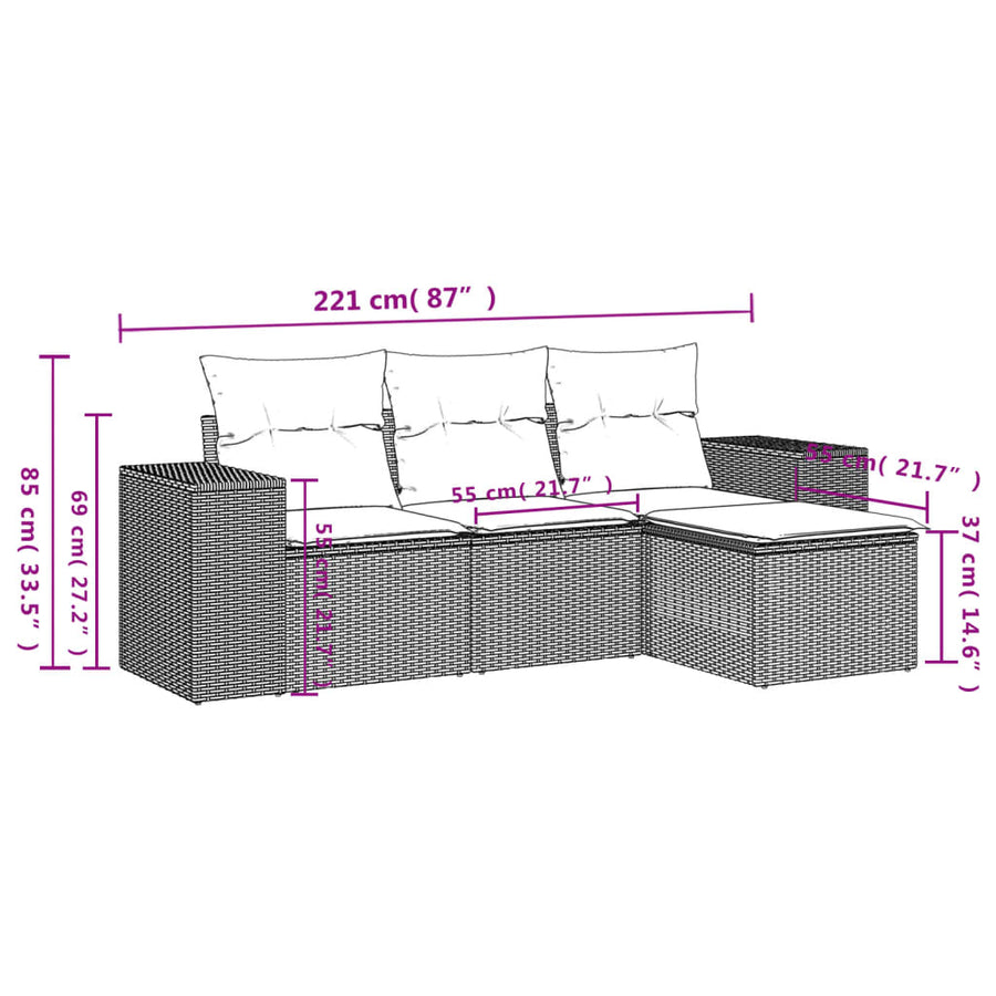 4-delige Loungeset met kussens poly rattan lichtgrijs