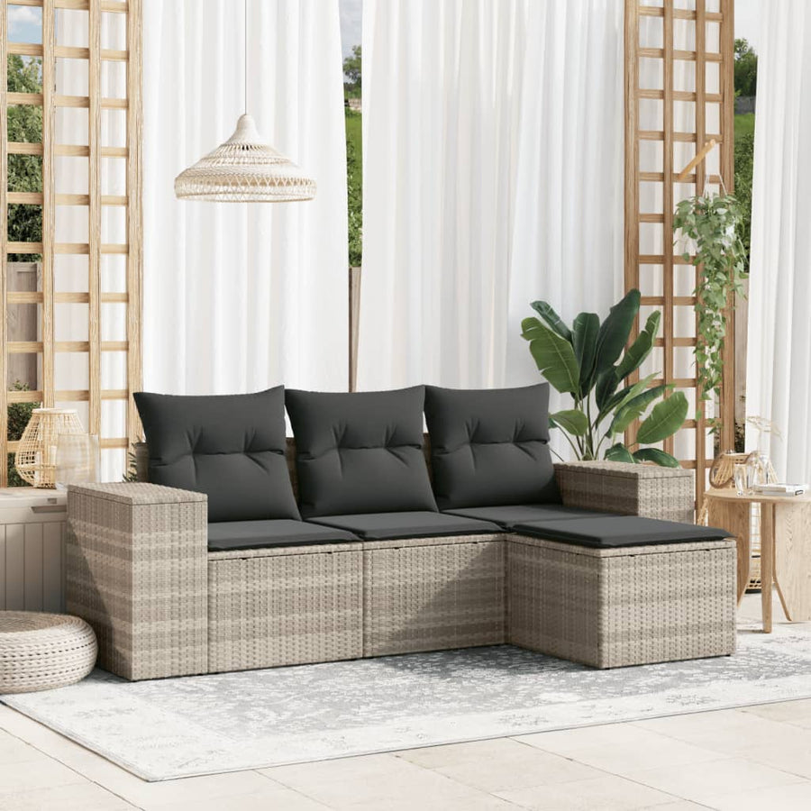 4-delige Loungeset met kussens poly rattan lichtgrijs