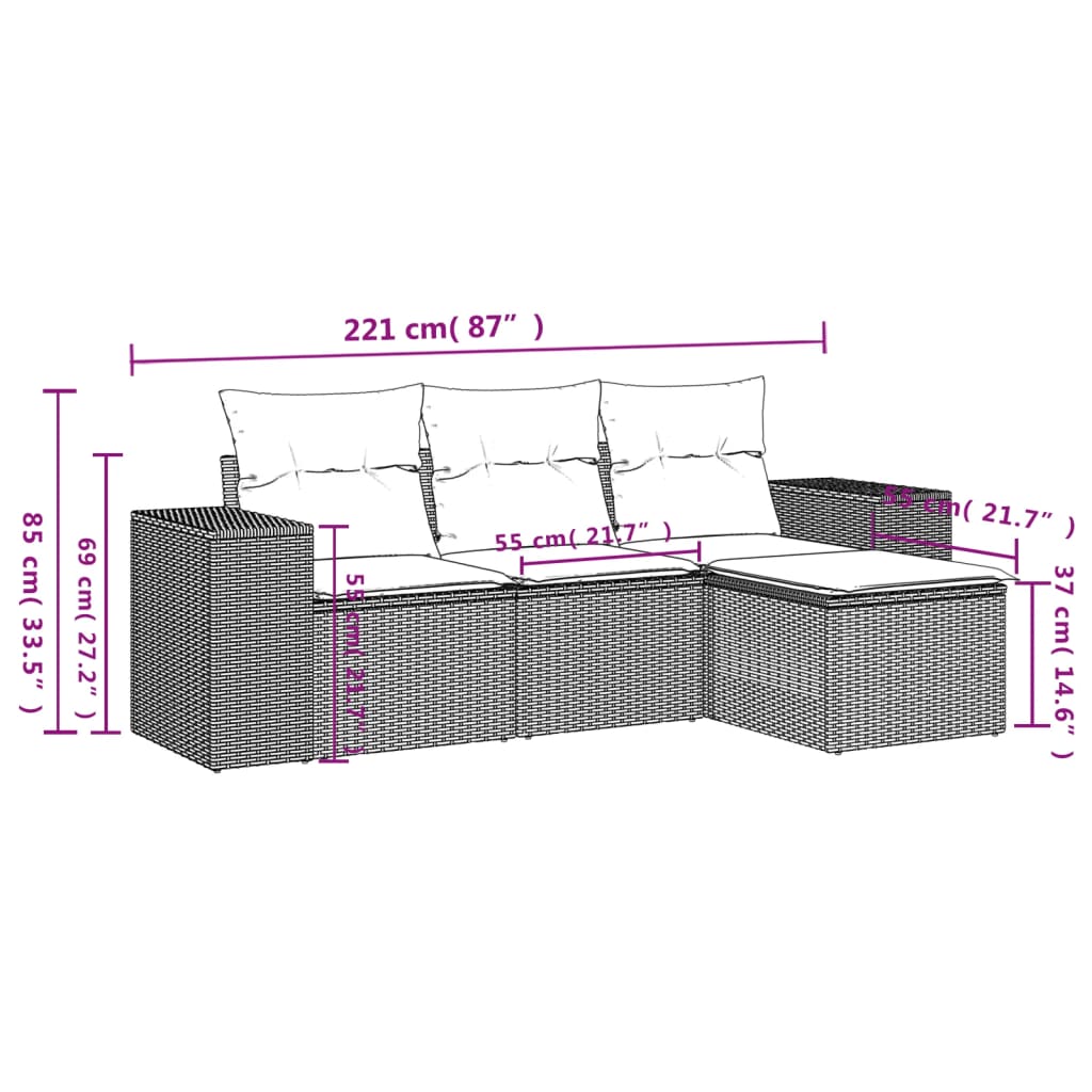 4-delige tuinbankset met kussens, bruin polyrotan