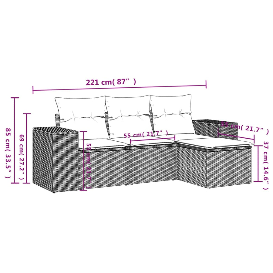 4-delige tuinbankset met kussens, bruin polyrotan