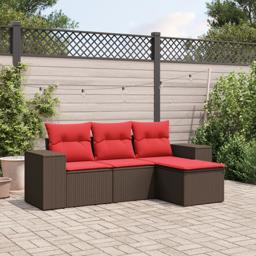 4-delige tuinbankset met kussens, bruin polyrotan