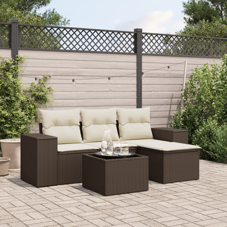 5-delige Loungeset met kussens poly rattan bruin