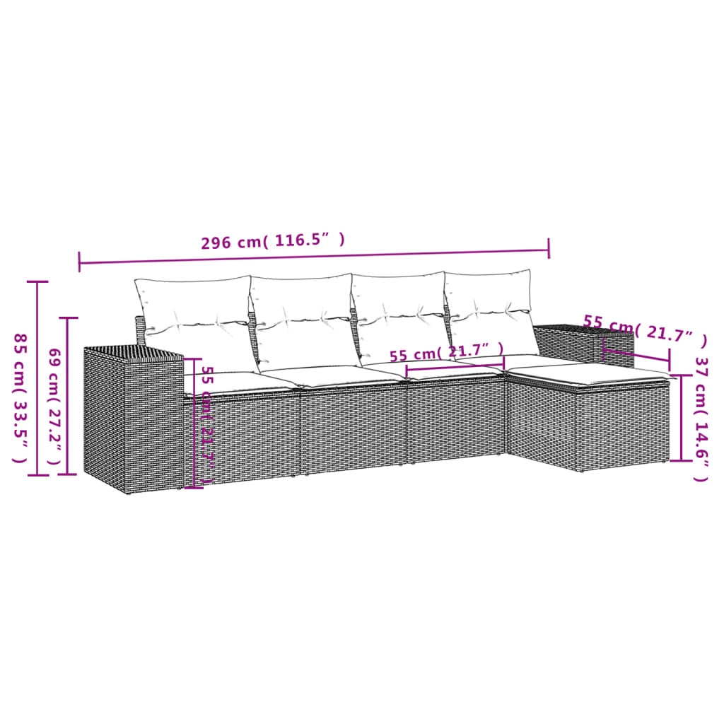 5-Delige Loungeset Met Kussens Poly Rattan Zwart