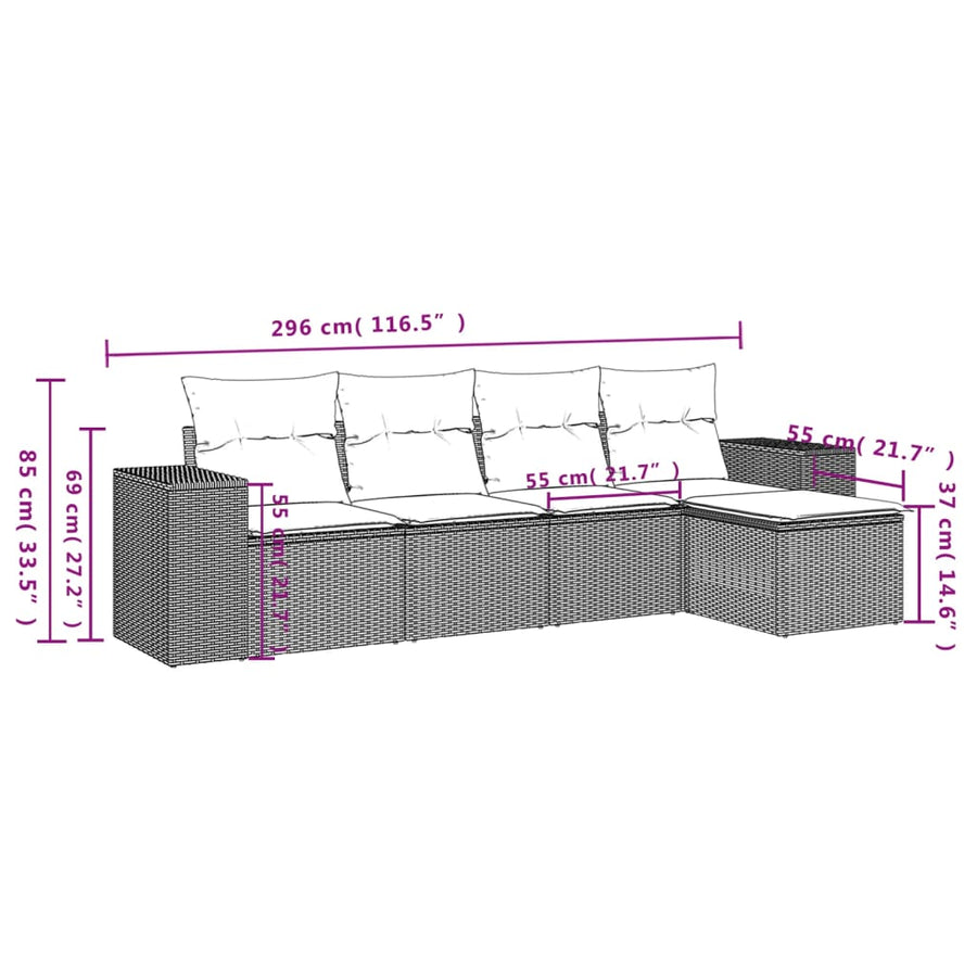 5-Delige Loungeset Met Kussens Poly Rattan Zwart