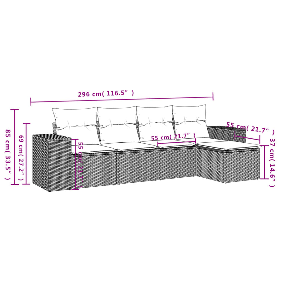 5-Delige Loungeset Met Kussens Poly Rattan Grijs