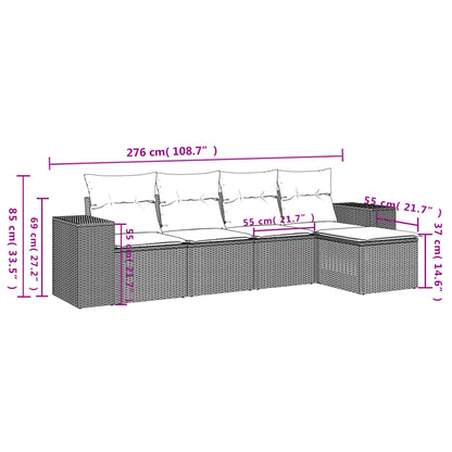 5-delige tuinbankset met kussens, grijs polyrotan