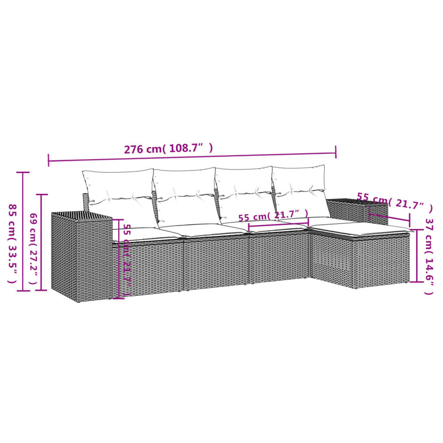 5-delige Loungeset met kussens poly rattan lichtgrijs