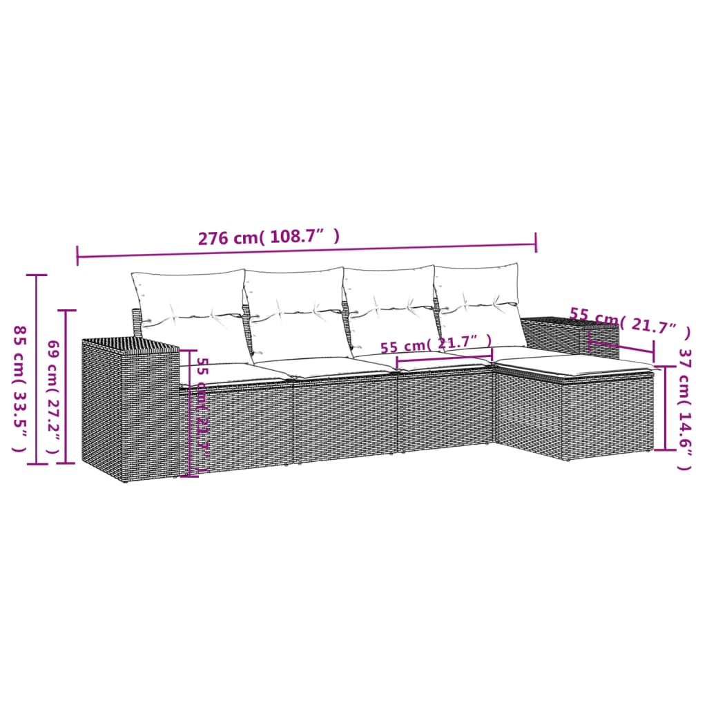 5-delige tuinbankset met kussens, bruin polyrotan