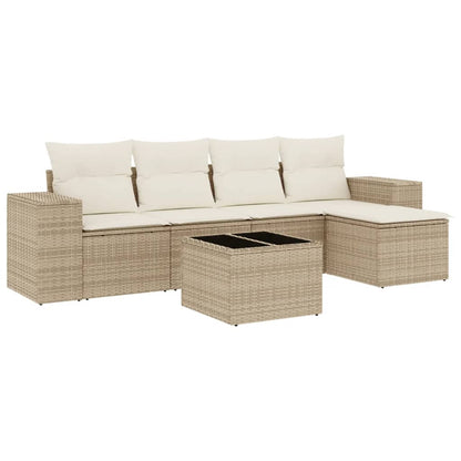 6-delige Loungeset met kussens poly rattan beige