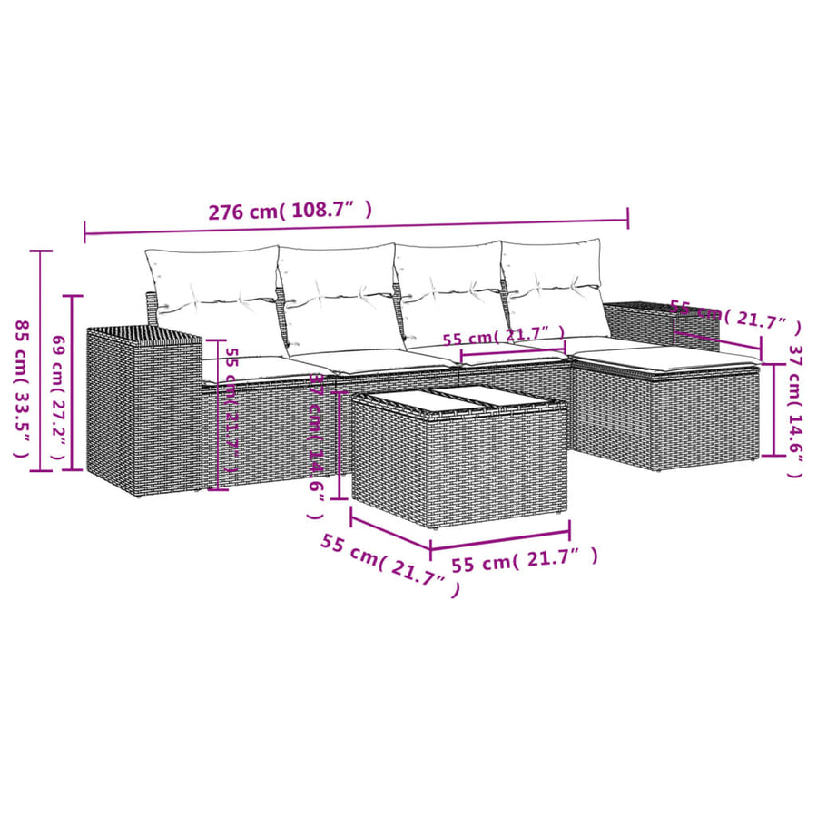 6-delige Loungeset met kussens poly rattan bruin