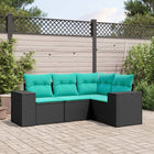 4-piece garden sofa set with cushions, black poly rattan