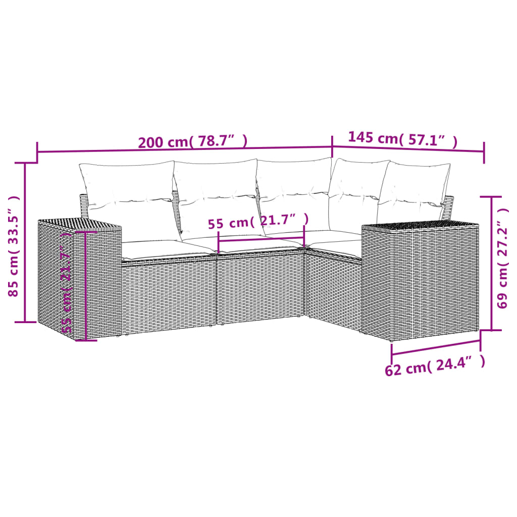 4-delige tuinbankset met kussens, grijs polyrotan