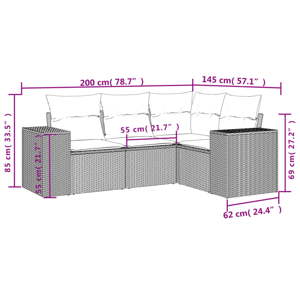 4-delige tuinbankset met kussens, bruin polyrotan