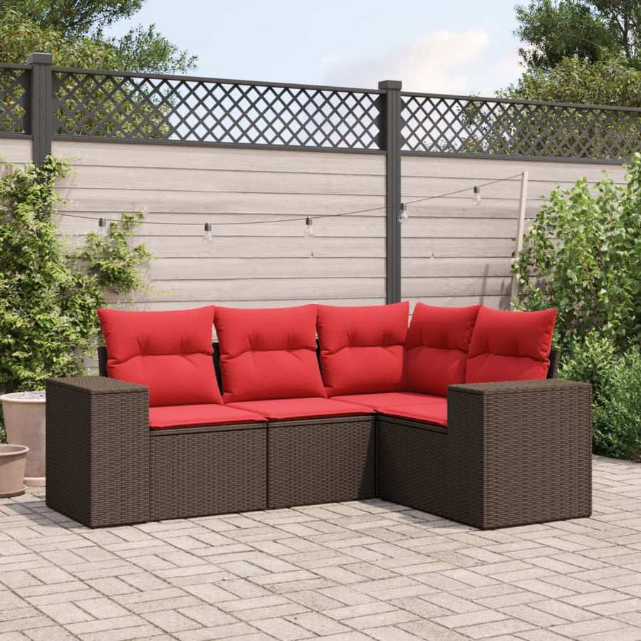 4-delige tuinbankset met kussens, bruin polyrotan