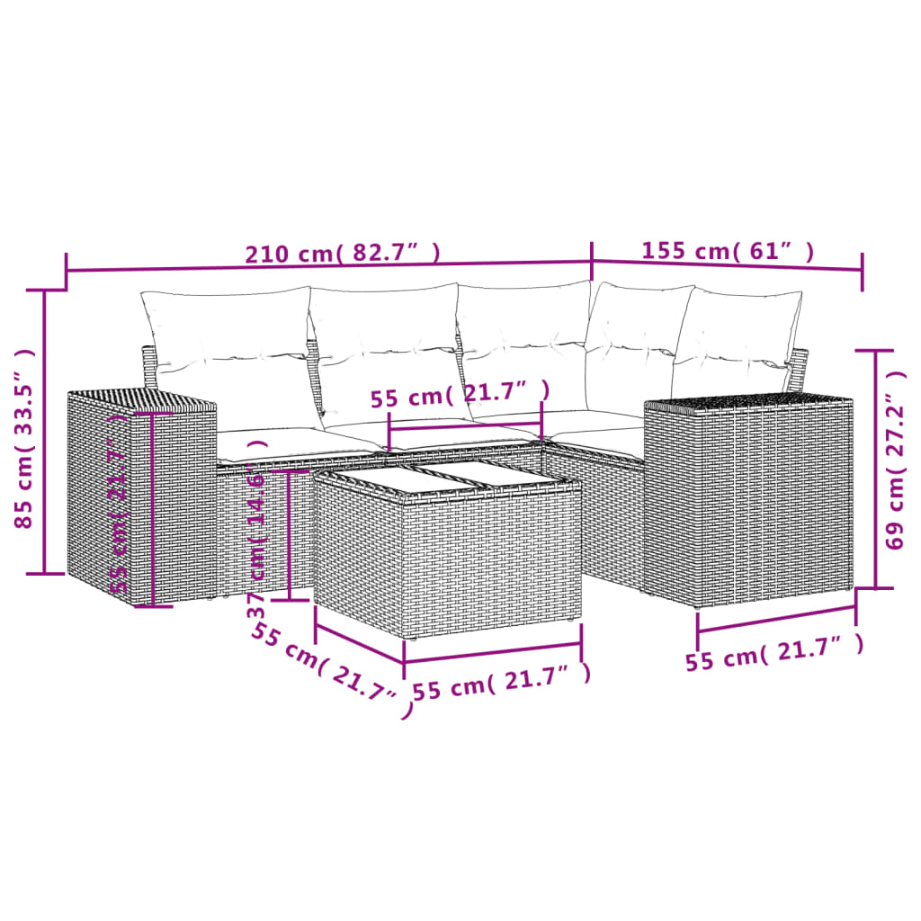 5-Delige Loungeset Met Kussens Poly Rattan Zwart