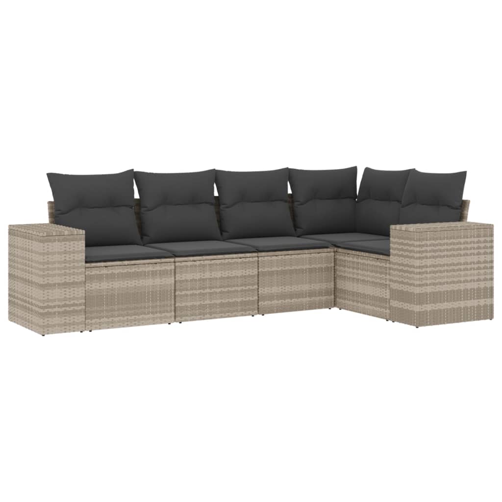 5-delige Loungeset met kussens poly rattan lichtgrijs