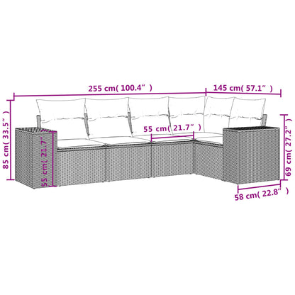 5-delige Loungeset met kussens poly rattan lichtgrijs