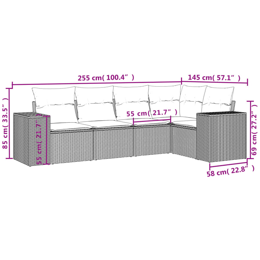 5-delige Loungeset met kussens poly rattan lichtgrijs