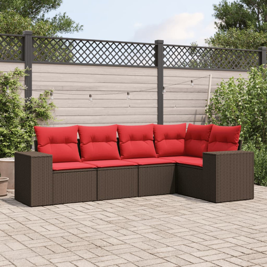 5-delige tuinbankset met kussens, bruin polyrotan