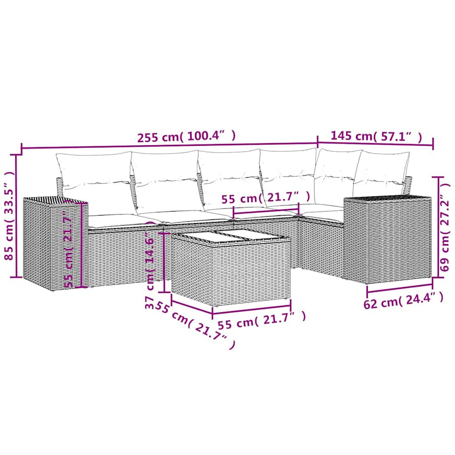 6-delige tuinbankset met kussens van zwart polyrotan