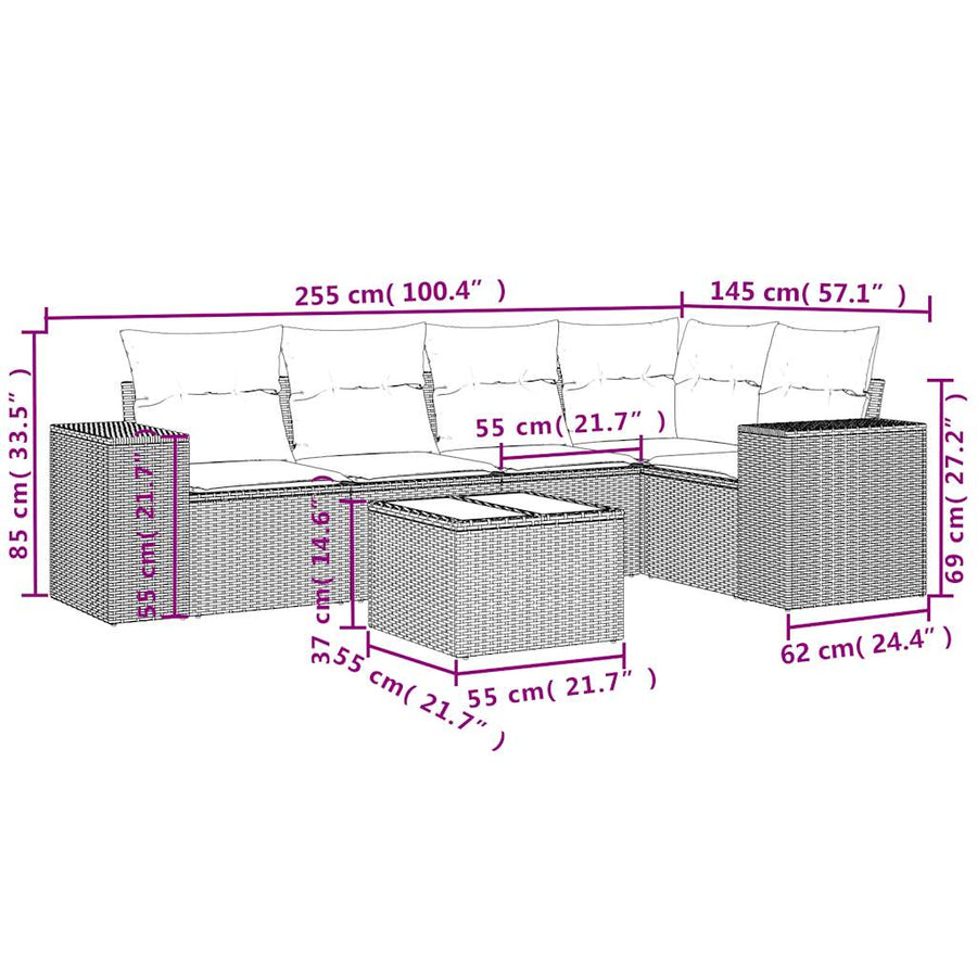 6-delige Loungeset met kussens poly rattan beige