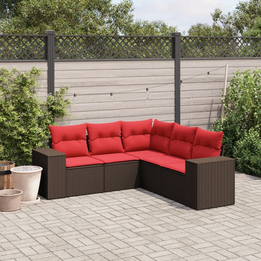5-delige tuinbankset met kussens, bruin polyrotan