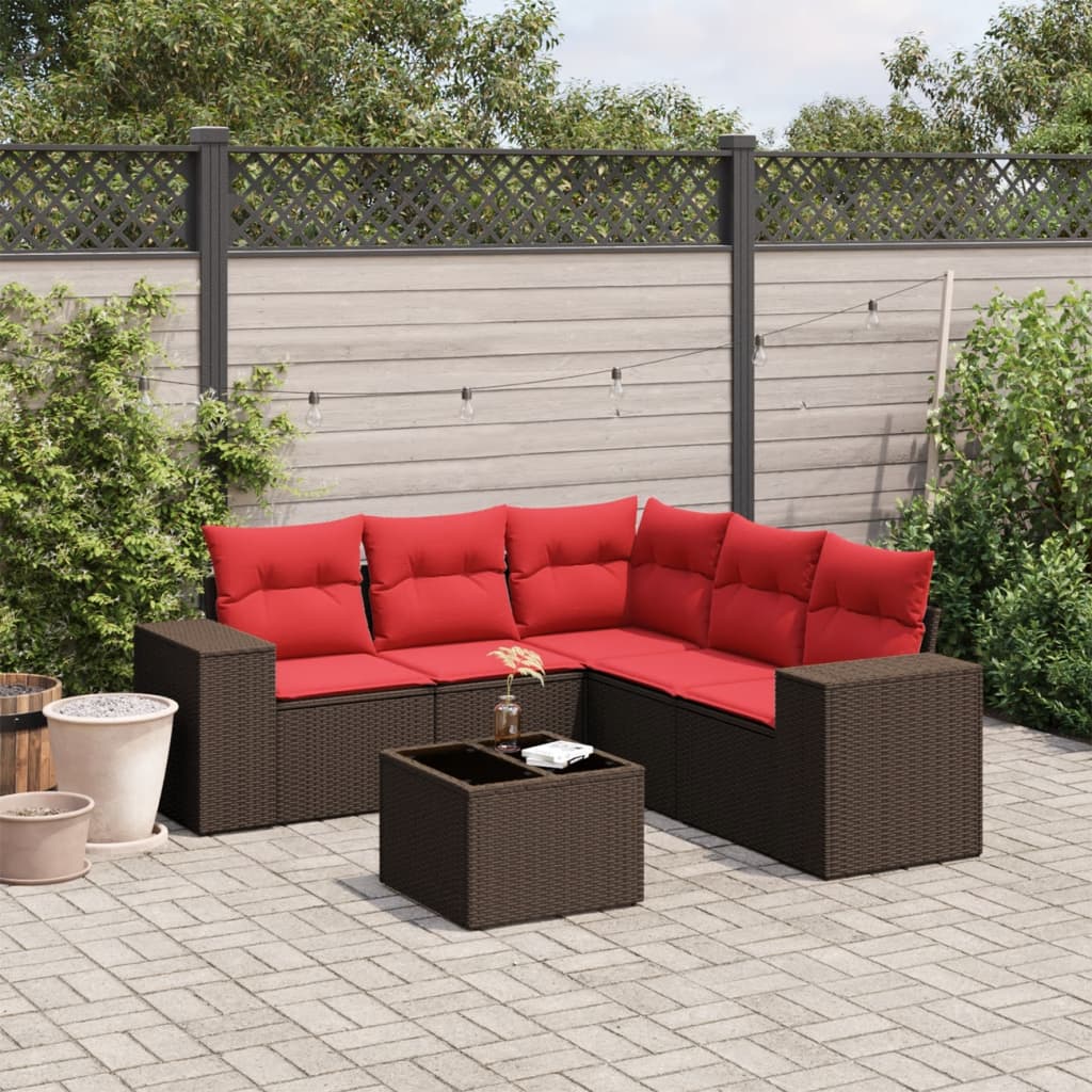 6-delige tuinbankset met kussens, bruin polyrotan
