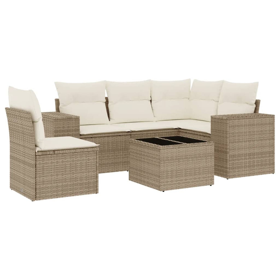 6-delige Loungeset met kussens poly rattan beige