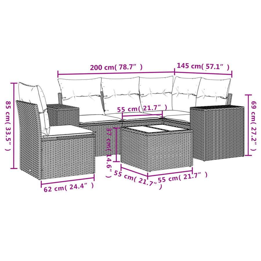 6-Delige Loungeset Met Kussens Poly Rattan Beige