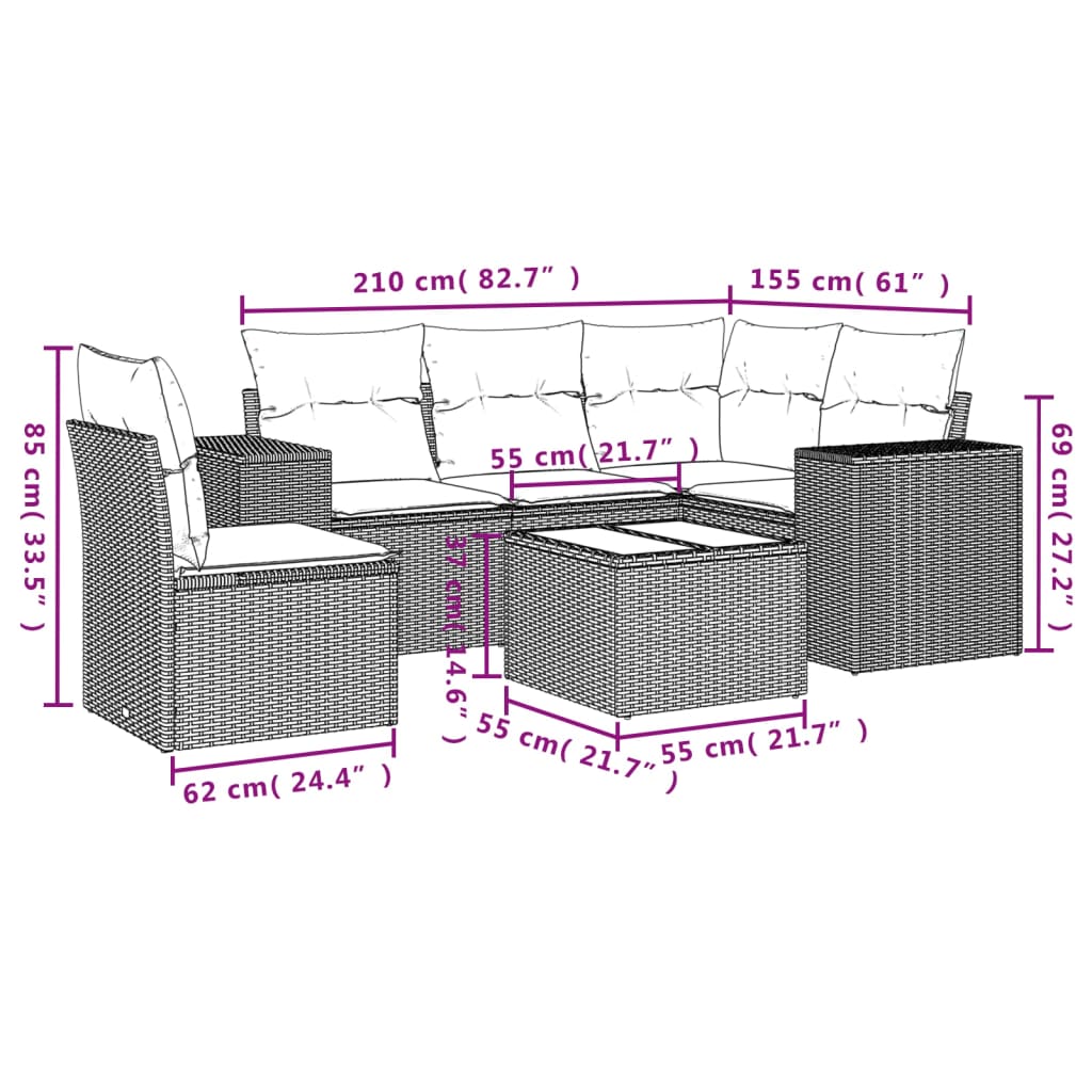 6-Delige Loungeset Met Kussens Poly Rattan Grijs