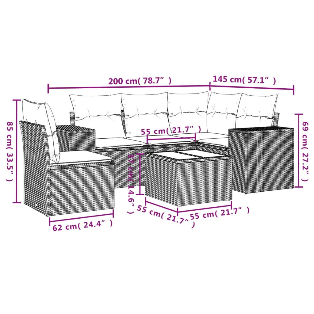 6-delige Loungeset met kussens poly rattan lichtgrijs