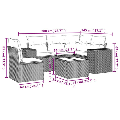 6-delige Loungeset met kussens poly rattan bruin