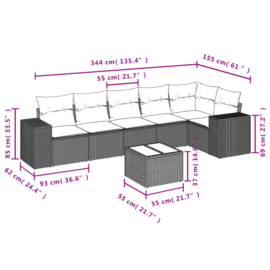 7-Delige Loungeset Met Kussens Poly Rattan Beige