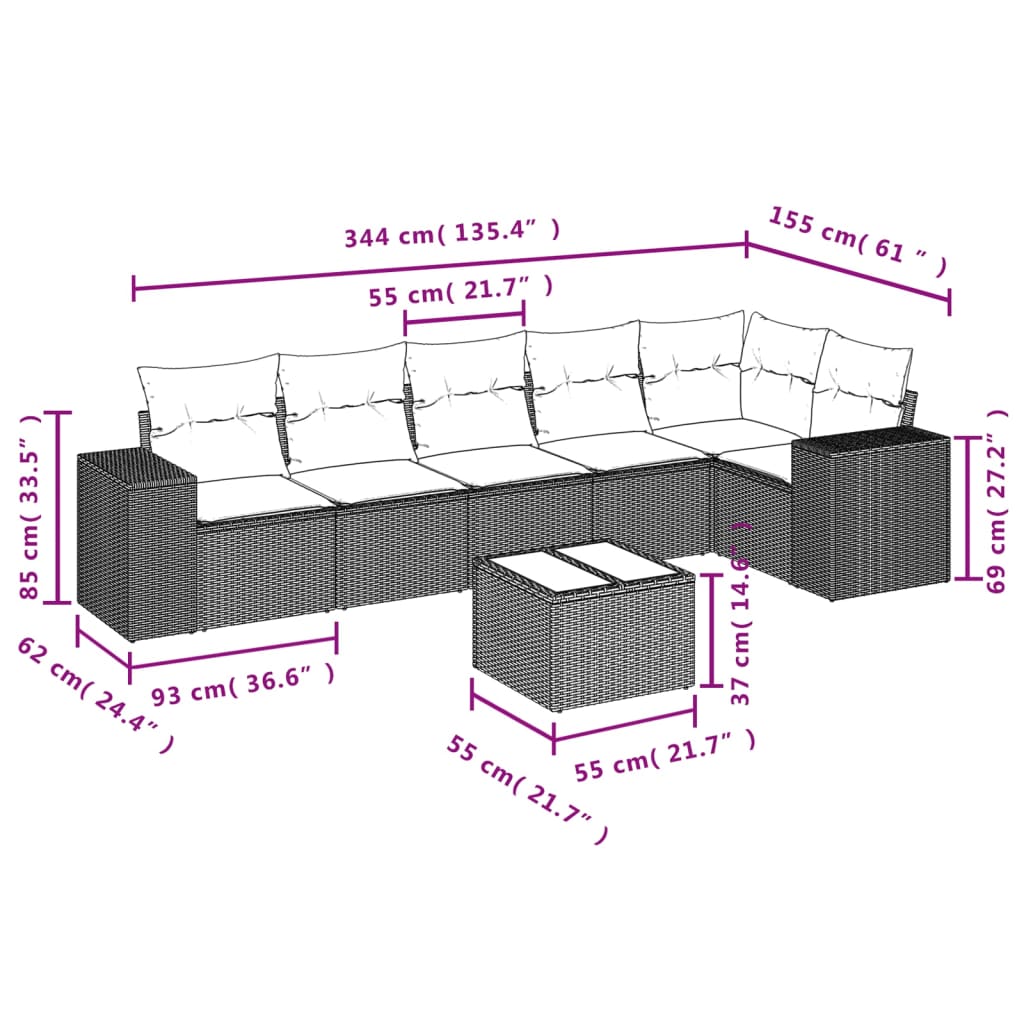 7-Delige Loungeset Met Kussens Poly Rattan Grijs