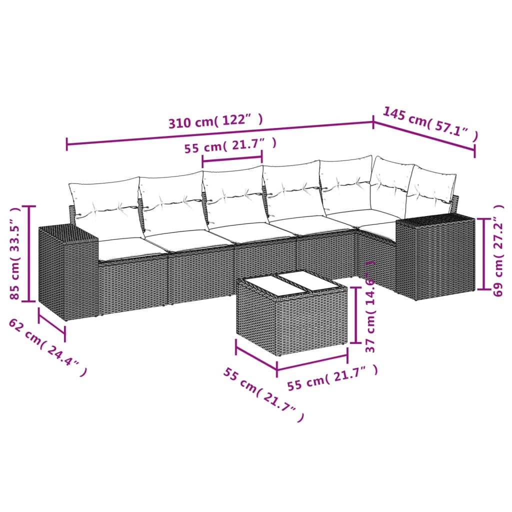 7-delige Loungeset met kussens poly rattan lichtgrijs