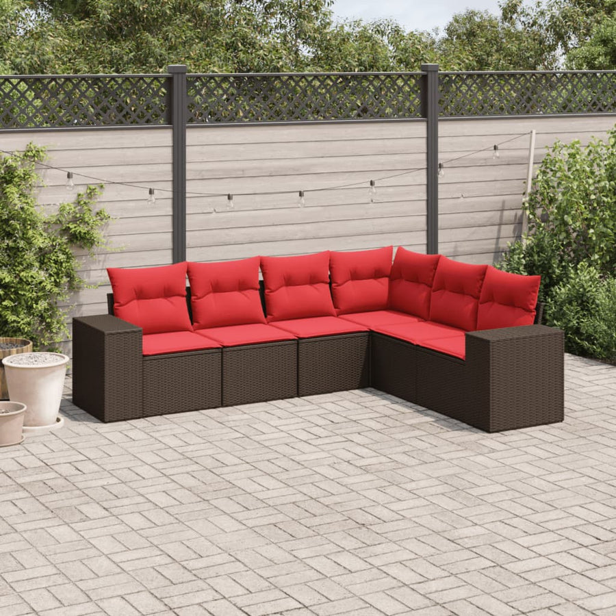 6-delige tuinbankset met kussens, bruin polyrotan