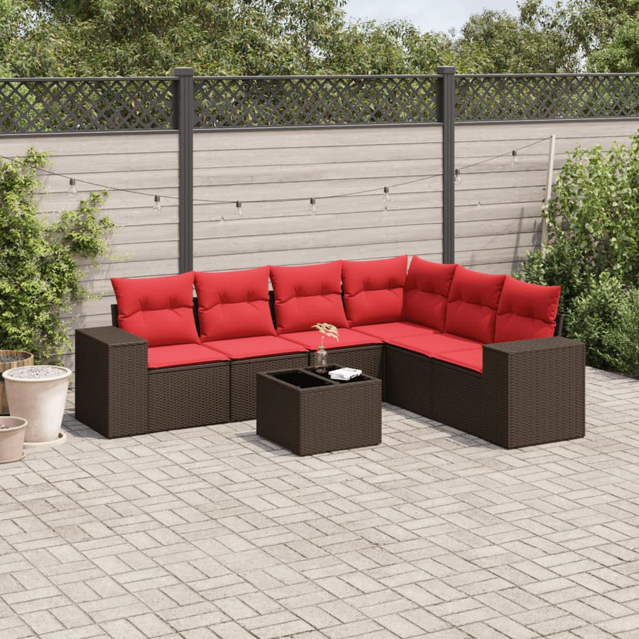 7-delige tuinbankset met kussens, bruin polyrotan
