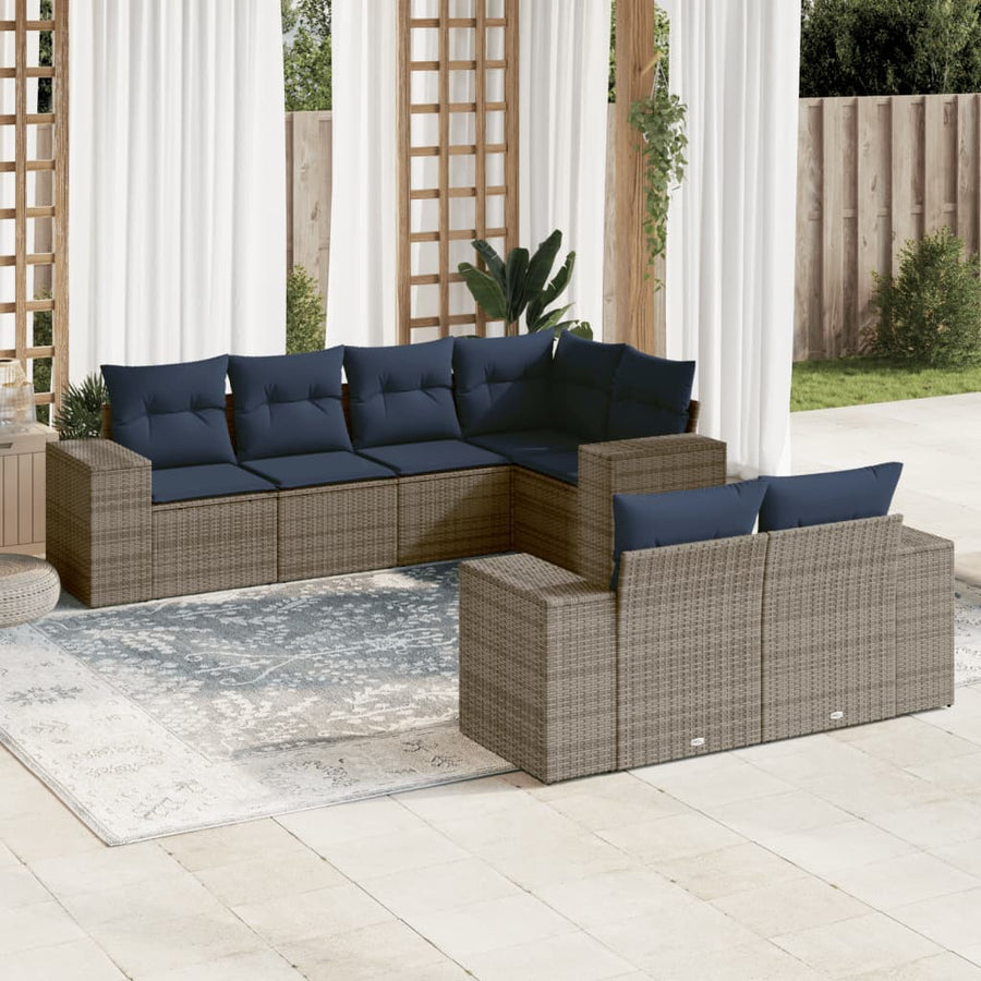 7-delige tuinbankset met kussens, grijs polyrotan