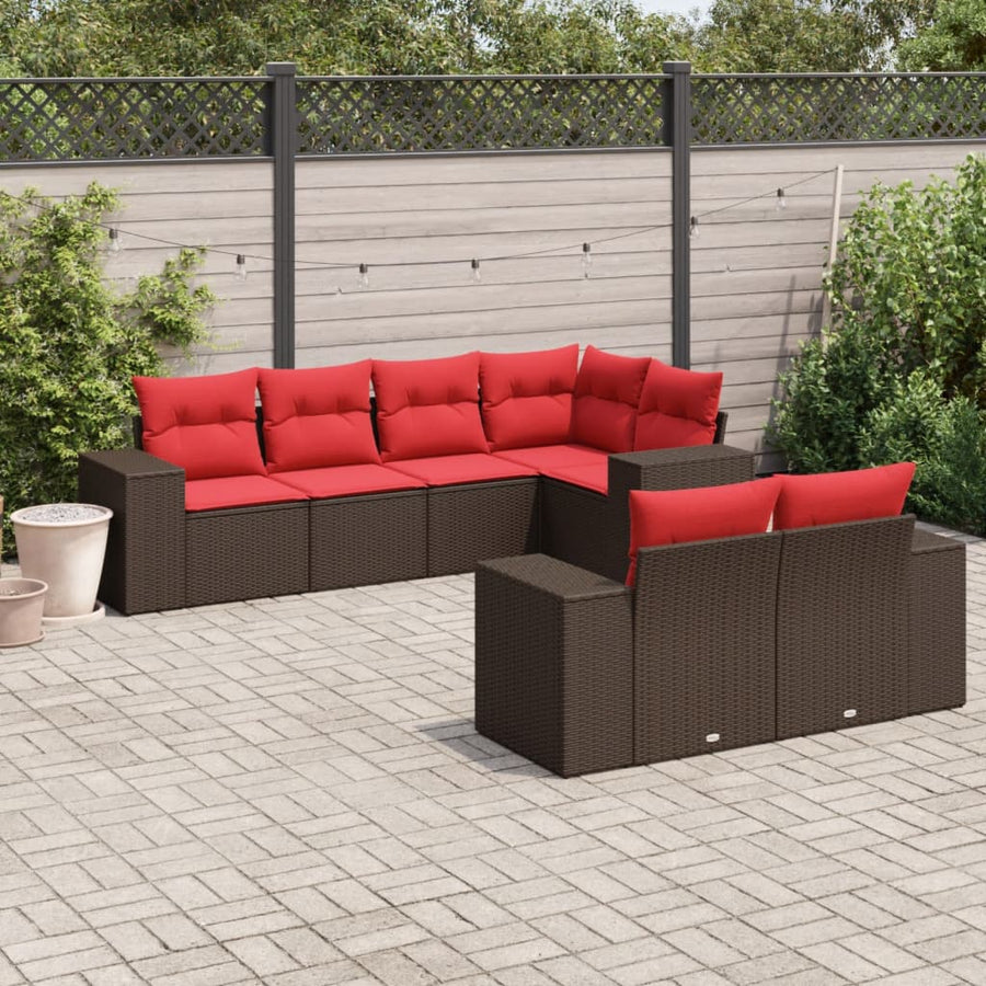 7-delige tuinbankset met kussens, bruin polyrotan