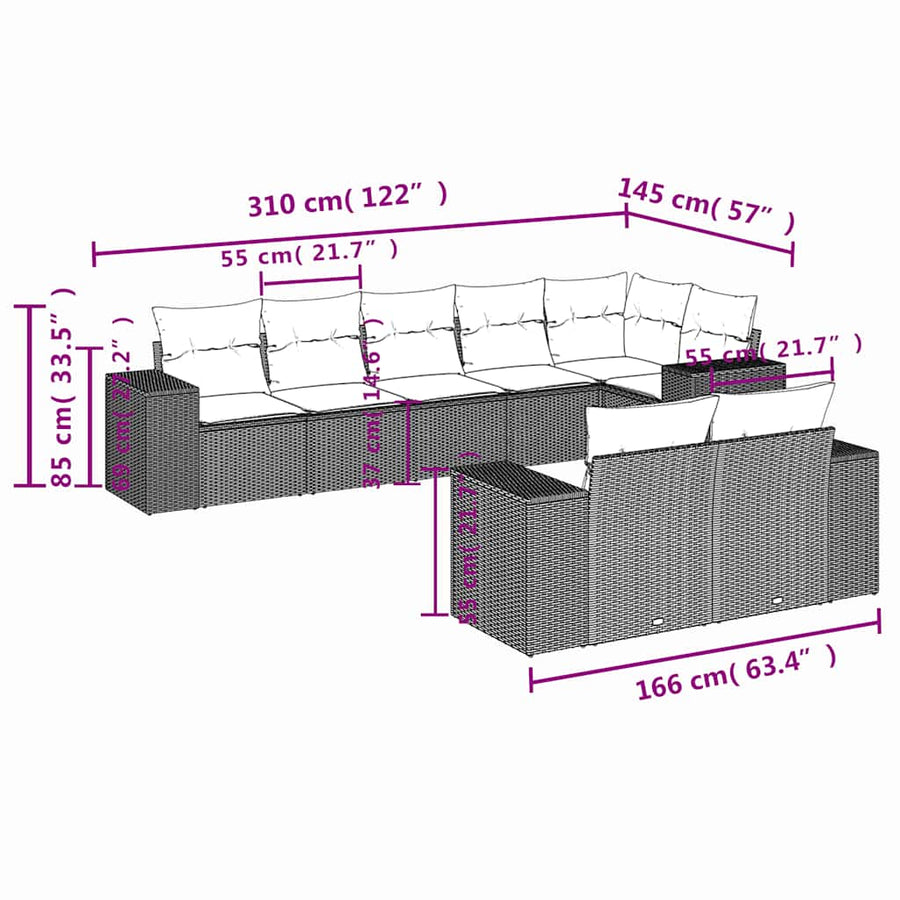 8-delige tuinbankset met kussens, grijs polyrotan