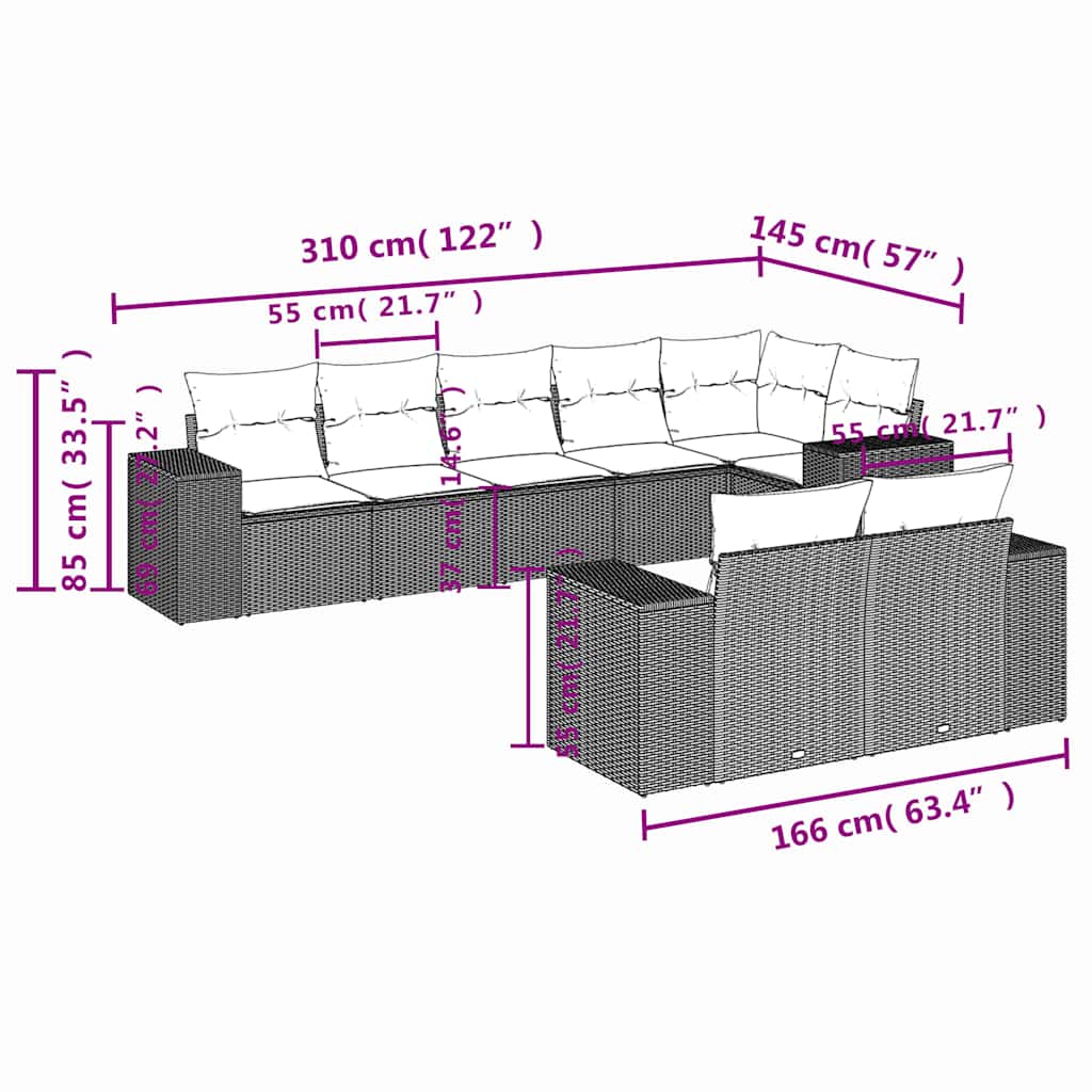 8-delige tuinbankset met kussens, bruin polyrotan