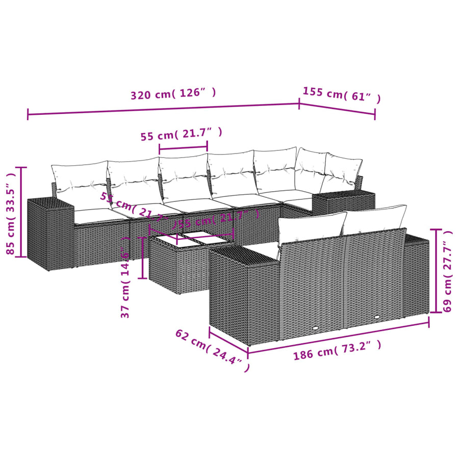 9-Delige Loungeset Met Kussens Poly Rattan Grijs