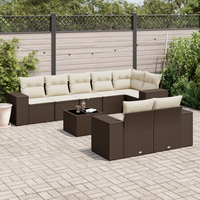 9-delige Loungeset met kussens poly rattan bruin