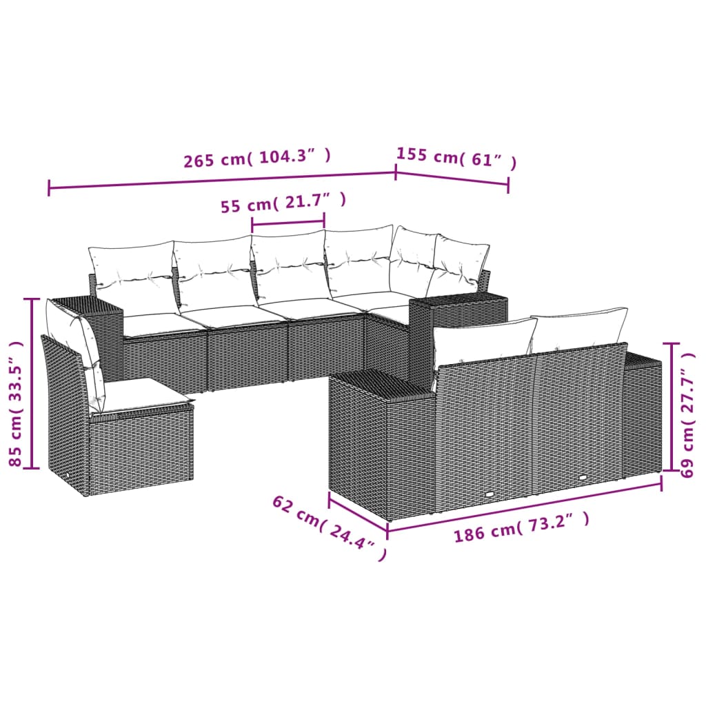 8-Delige Loungeset Met Kussens Poly Rattan Grijs