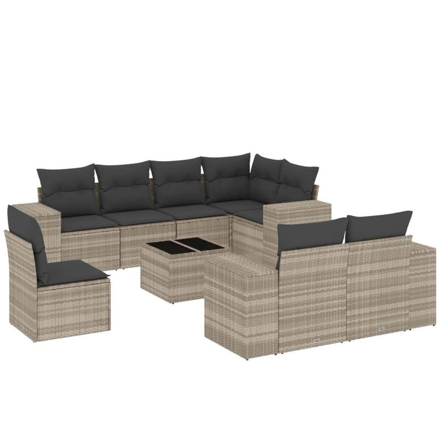9-delige Loungeset met kussens poly rattan lichtgrijs