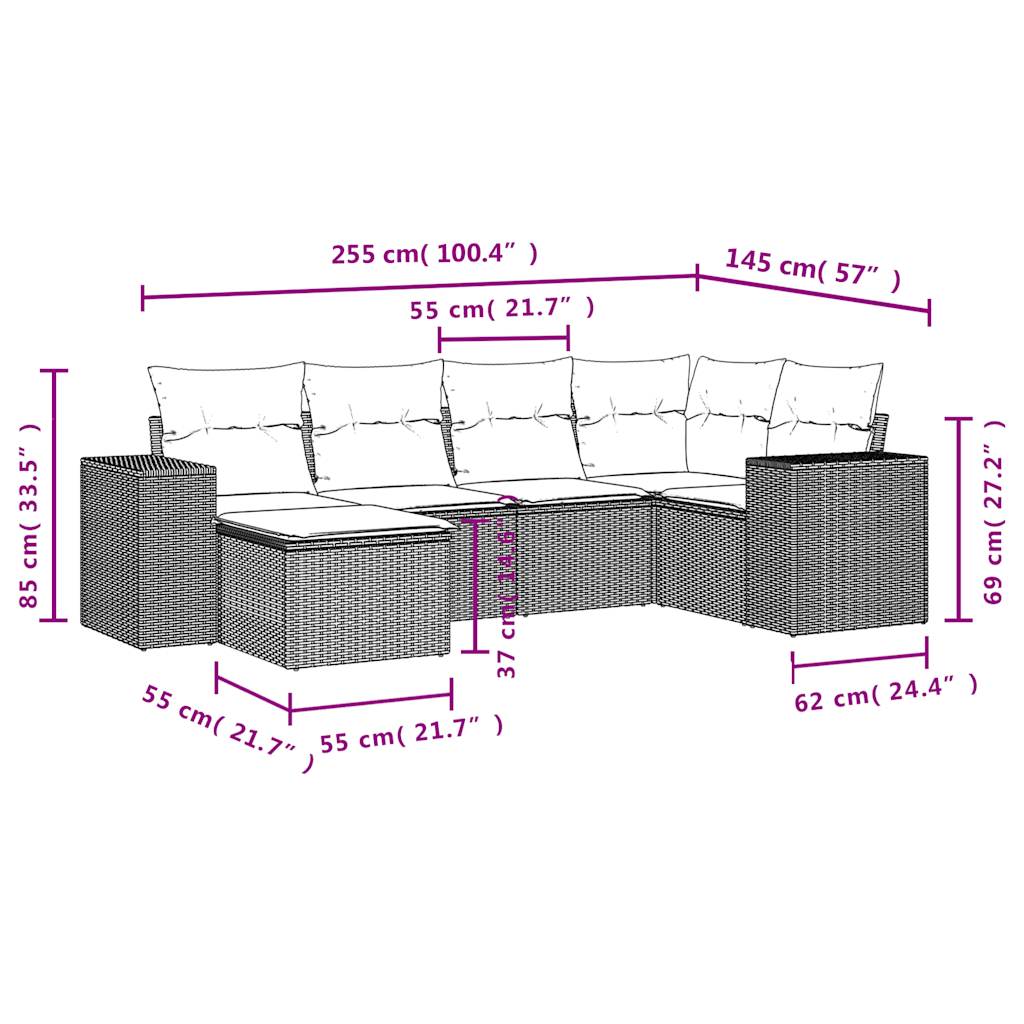 6-delige Loungeset met kussens poly rattan beige