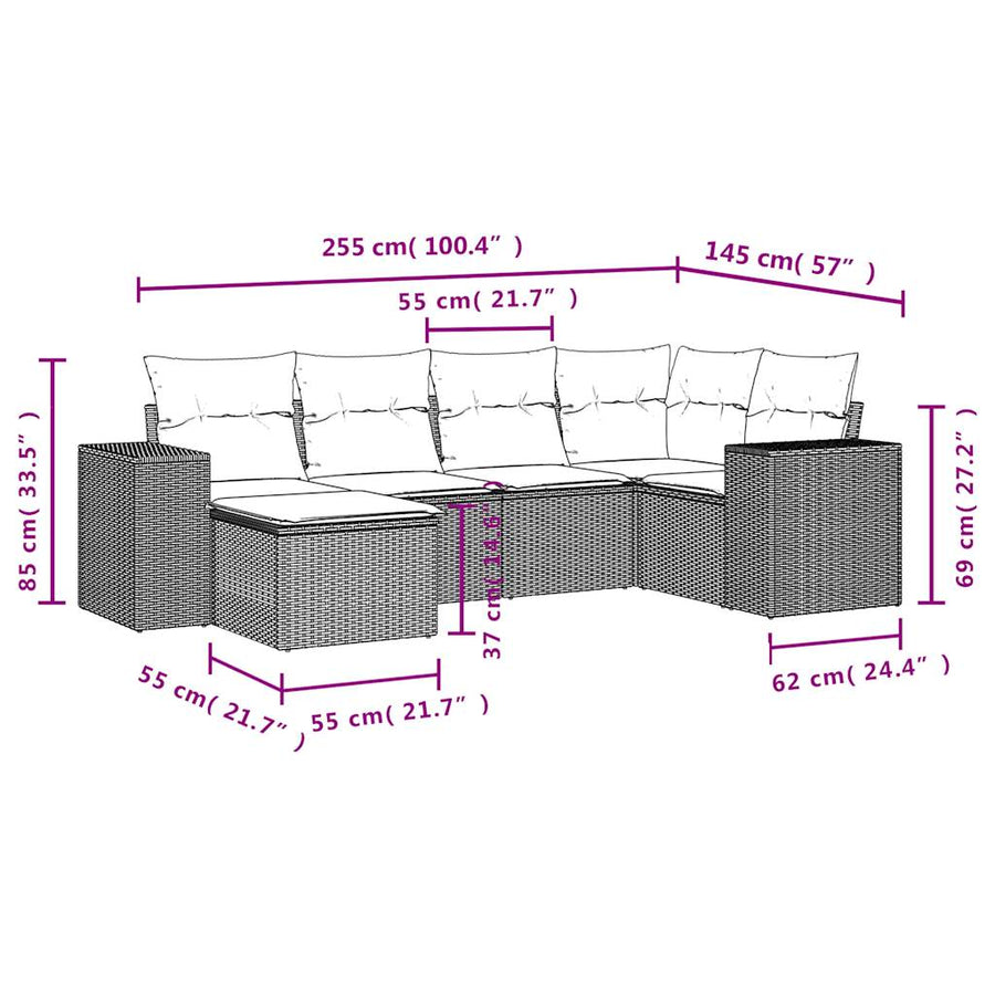 6-delige Loungeset met kussens poly rattan beige
