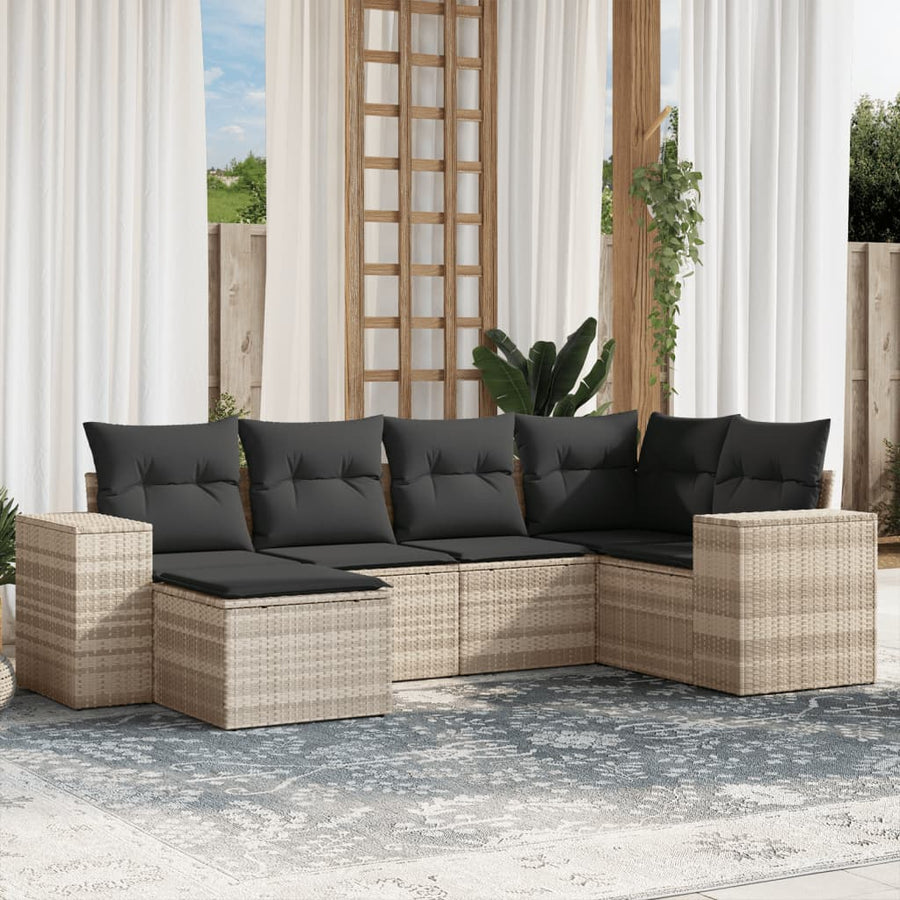 6-delige Loungeset met kussens poly rattan lichtgrijs